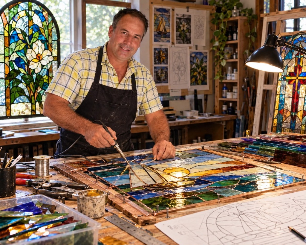 Michael Williams at his Texas workbench crafting the Texas Sunset Sailboat glass panel