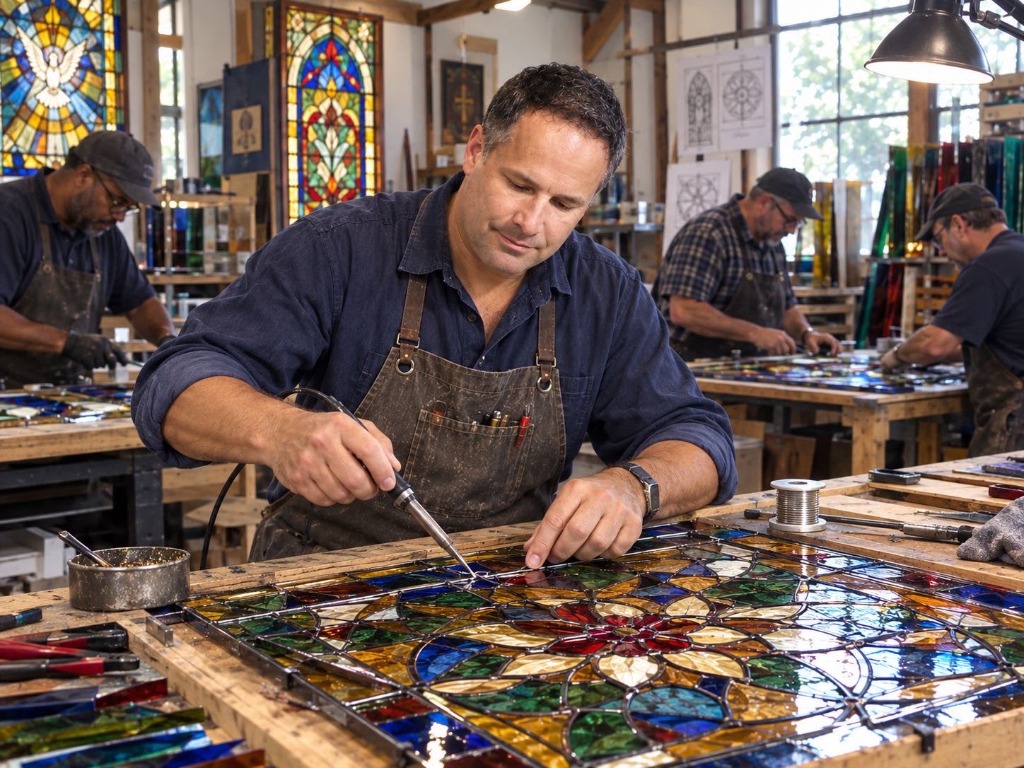 Michael Williams soldering an intricate stained-glass rosette medallion at his workbench